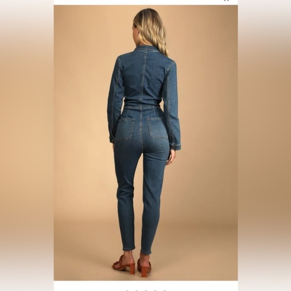 Free People Lennox medium wash‎ blue denim jeans utility Jumpsuit size large new - Picture 5 of 7